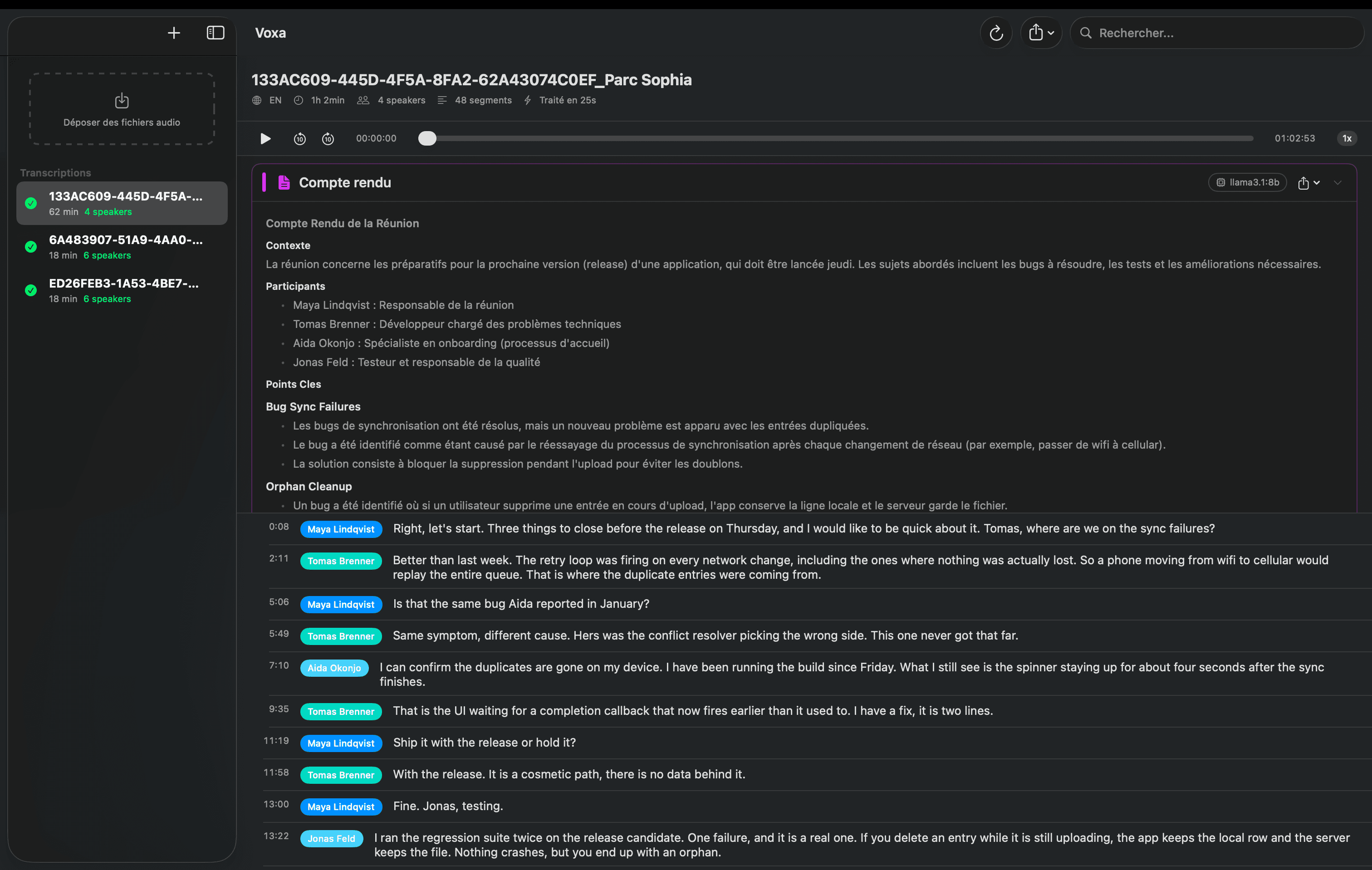 The meeting report, written by a local model, above the transcript it was built from