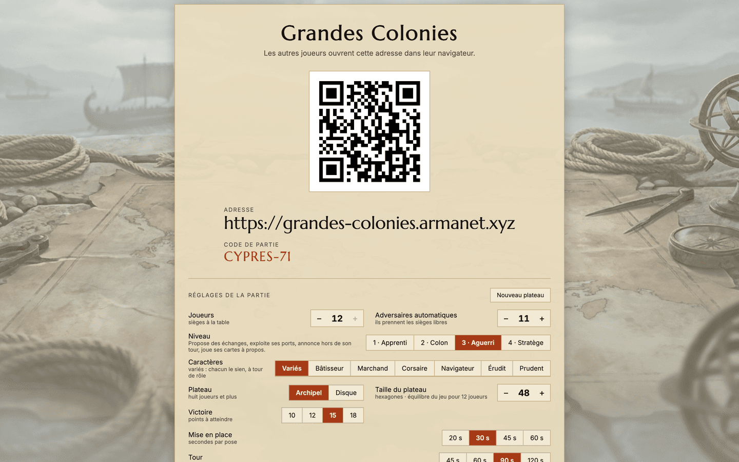 The host screen: QR code, game code, seats and settings