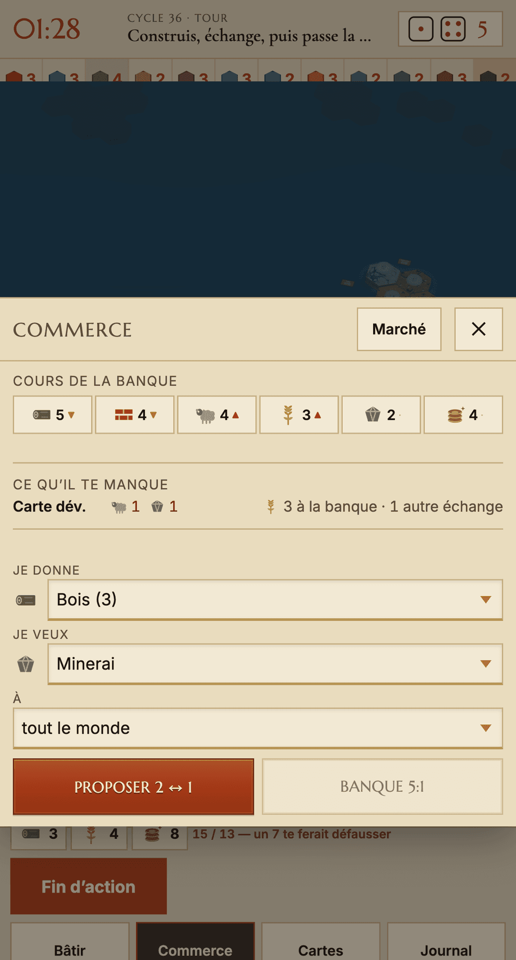 A player's hand and the trading panel, on a phone