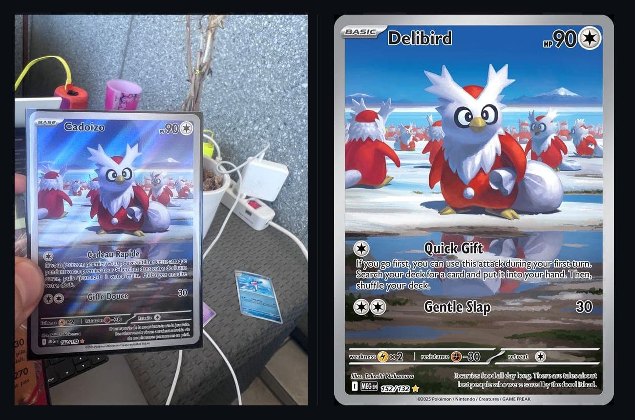 Holo card, cluttered table, a second card in frame. The embedding alone gets this one wrong by 0.015, and the number read off the bottom edge is what settles it on Delibird.
